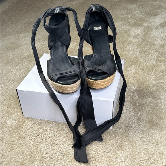 UGG Black/Tan Lace Up Espadrille Wedge Sandals - Picture 3 of 12